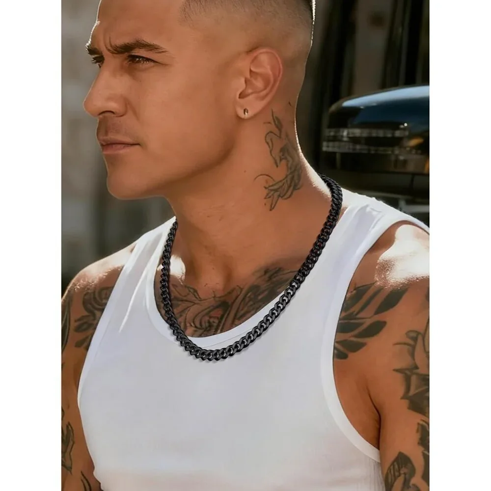 Men's 9MM Width-Black Stainless Steel Miami Cuban Curb Link Chain Necklace